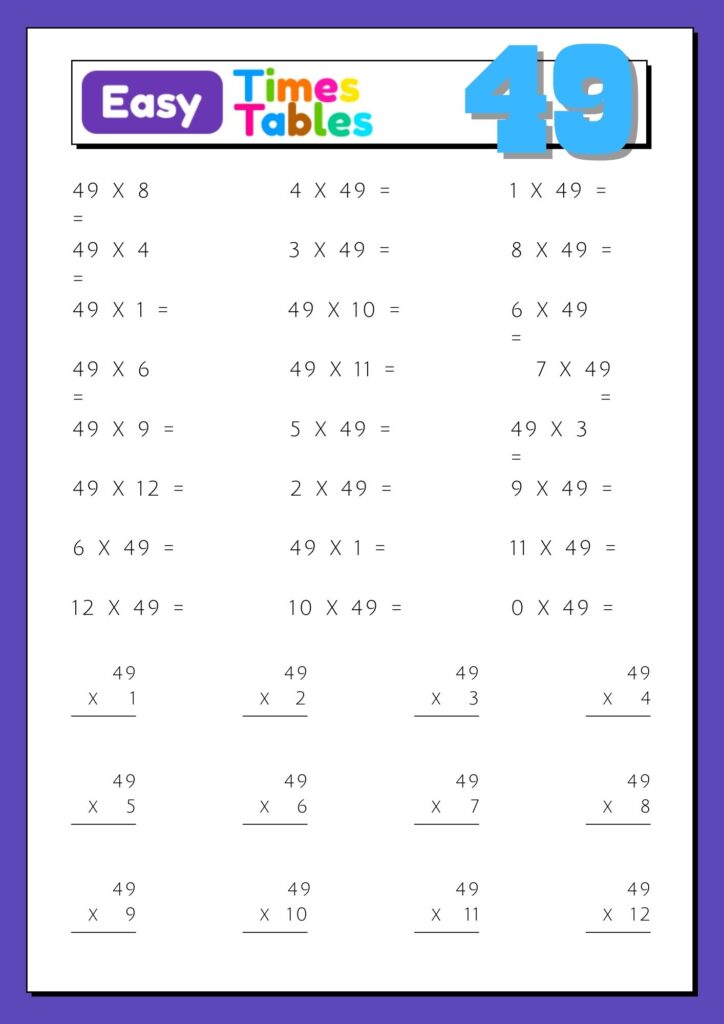 Images with printable exercises of multiplication table 49